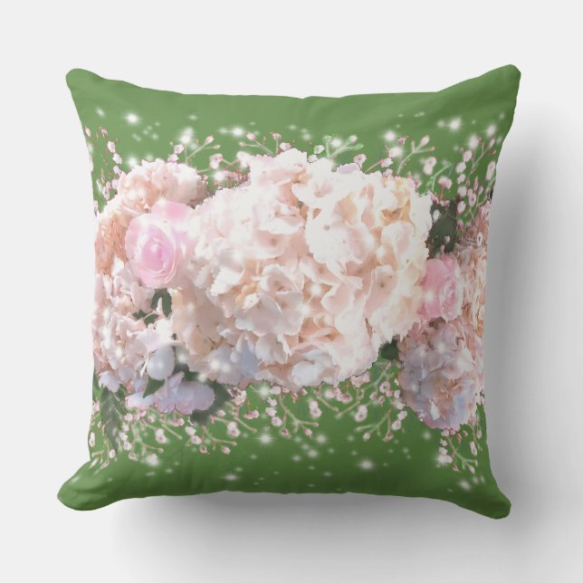 Romantic white lace hydrangeas pink roses cushion (Front)