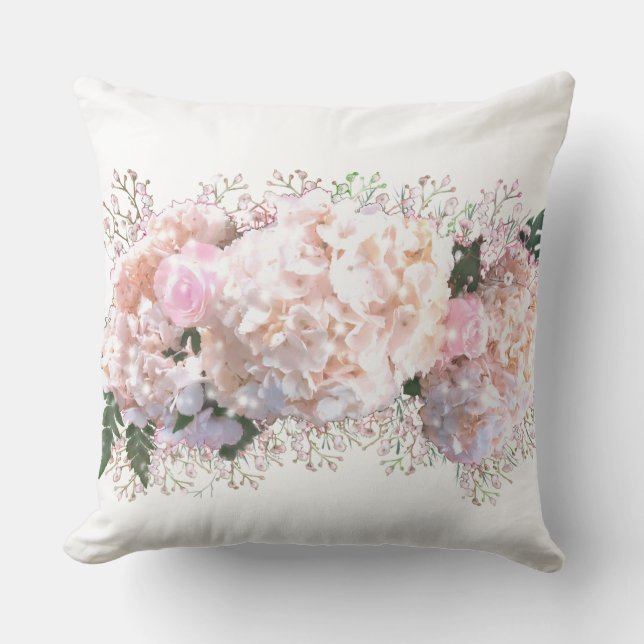 Romantic white lace hydrangeas pink roses cushion (Front)