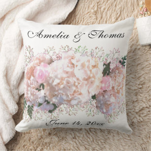 Romantic white lace hydrangeas pink roses cushion