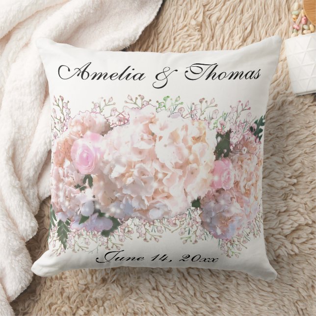Romantic white lace hydrangeas pink roses cushion (Blanket)