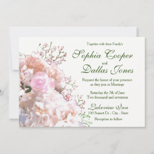 Romantic white lace hydrangeas pink roses invitation