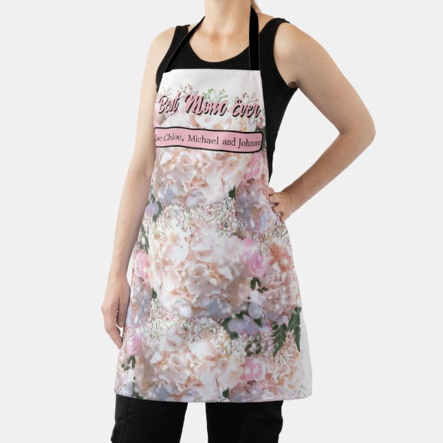 Romantic white lace hydrangeas pink roses mum apron (Insitu)