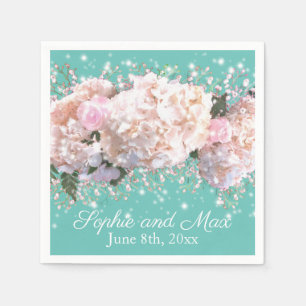 Romantic white lace hydrangeas pink roses napkin