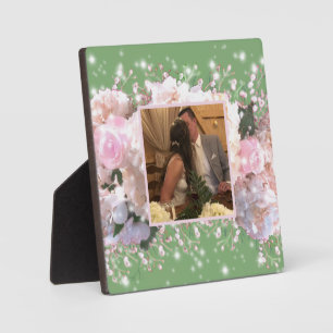 Romantic white lace hydrangeas, pink roses plaque