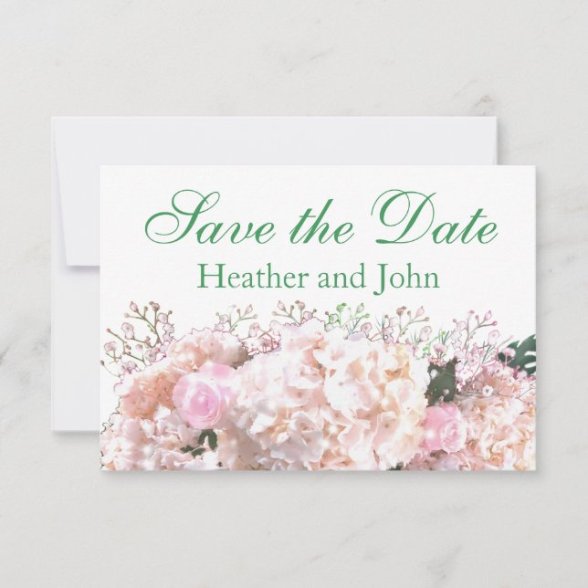 Romantic white lace hydrangeas pink roses save the date (Front)