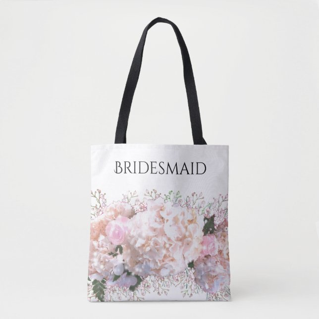 Romantic white lace hydrangeas pink roses tote bag (Front)