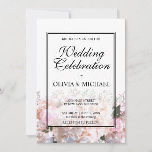 Romantic white  lace hydrangeas pink roses wedding invitation
