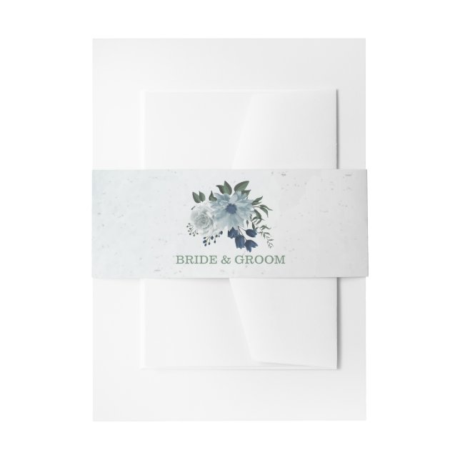 romantic white navy & dusty blue flowers wedding invitation belly band (Front Example)