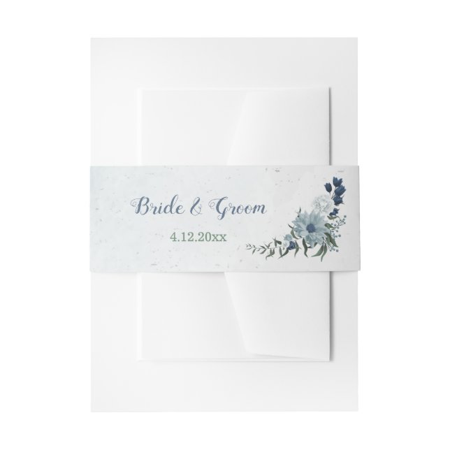 romantic white navy & dusty blue flowers wedding invitation belly band (Front Example)