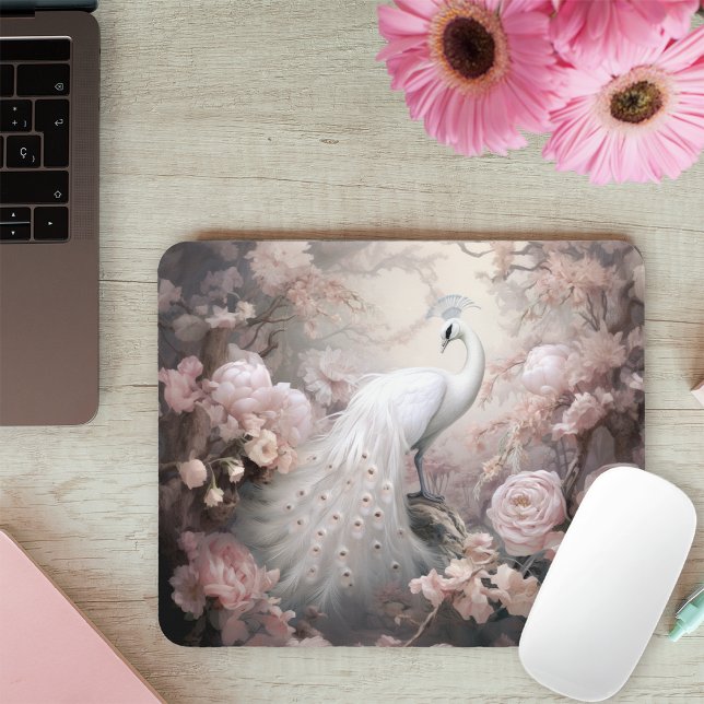 Romantic White Peacock and Blush Pink Flowers Mouse Mat (Creator Uploaded)