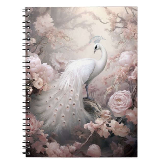 Romantic White Peacock and Blush Pink Flowers Notebook (Front)