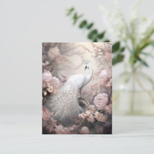 Romantic White Peacock and Blush Pink Flowers Postcard