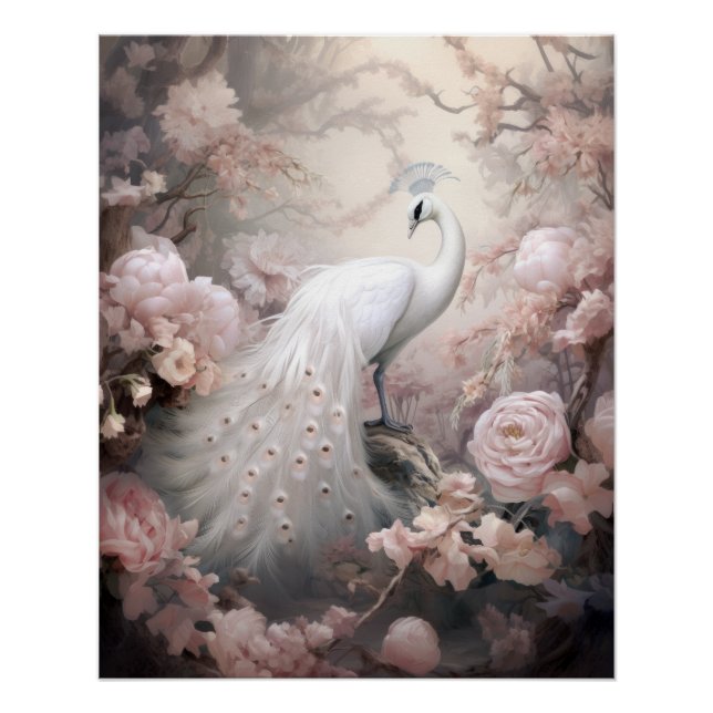 Romantic White Peacock and Blush Pink Flowers Poster (Front)