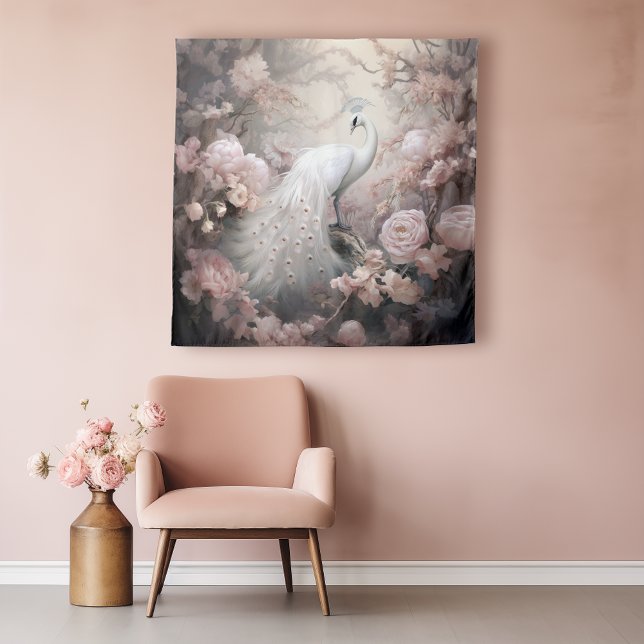 Romantic White Peacock and Blush Pink Flowers Tapestry (Creator Uploaded)