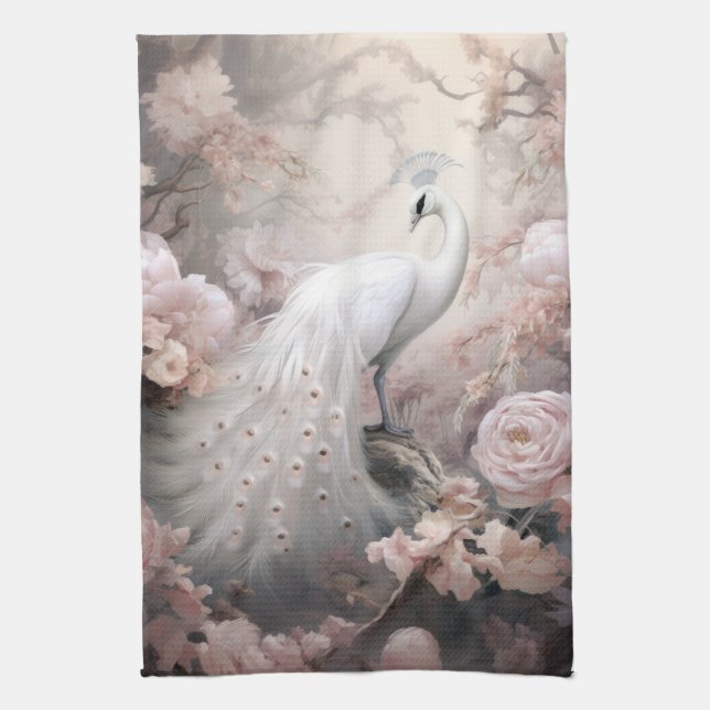 Romantic White Peacock and Blush Pink Flowers Tea Towel (Vertical)