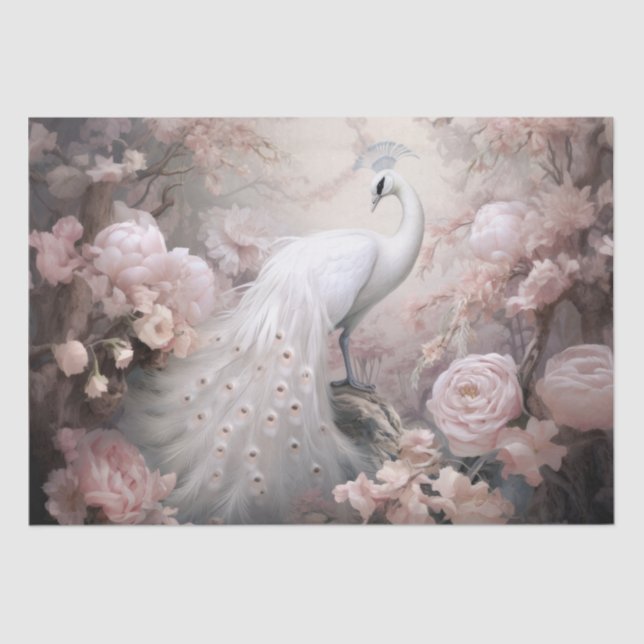 Romantic White Peacock and Blush Pink Flowers Tissue Paper (Front)