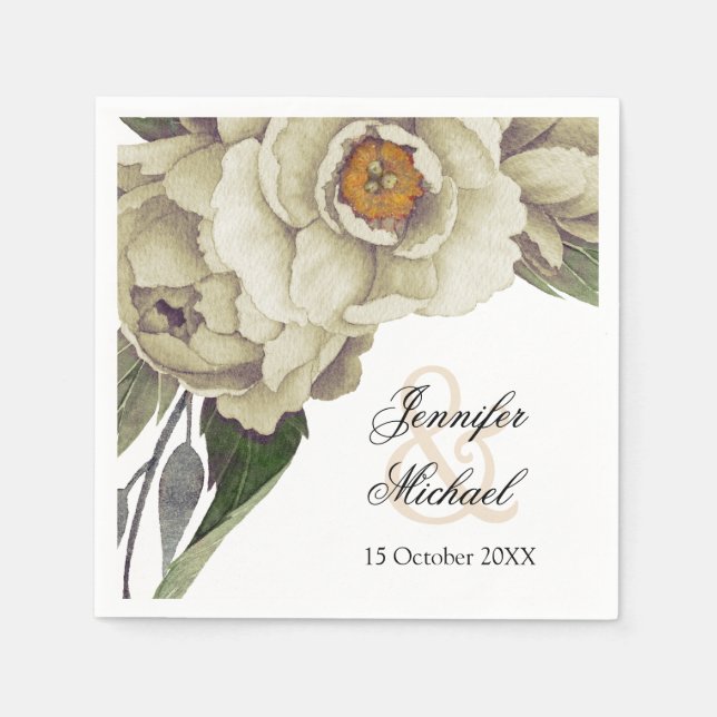 Romantic White Peonies Wedding Napkin (Front)