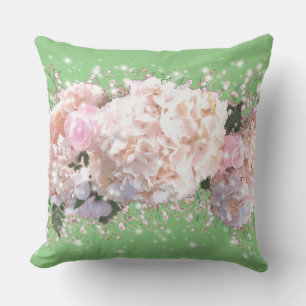 Romantic white pink hydrangeas, pink white flowers cushion