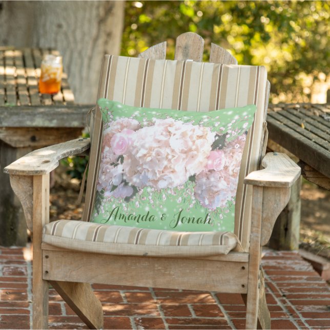 Romantic white pink hydrangeas, pink white flowers cushion (Chair)