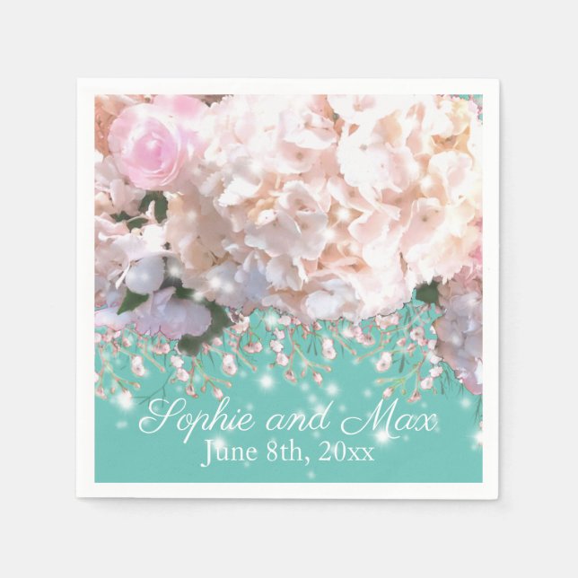 Romantic white pink hydrangeas, pink white flowers napkin (Front)