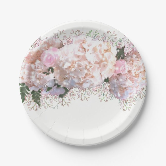 Romantic white pink hydrangeas, pink white flowers paper plate (Front)