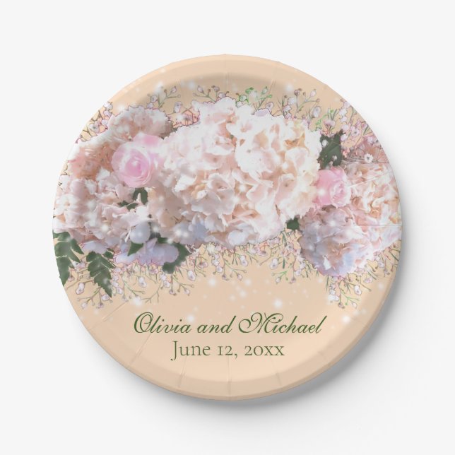 Romantic white pink hydrangeas, pink white flowers paper plate (Front)