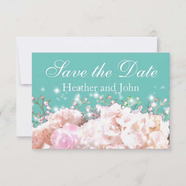 Romantic white pink hydrangeas, pink white flowers save the date (Front)
