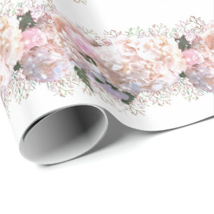 Romantic white pink hydrangeas, pink white flowers wrapping paper
