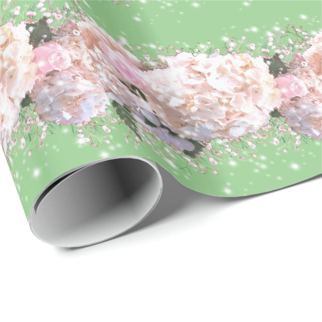 Romantic white pink hydrangeas, pink white flowers wrapping paper (Roll Corner)