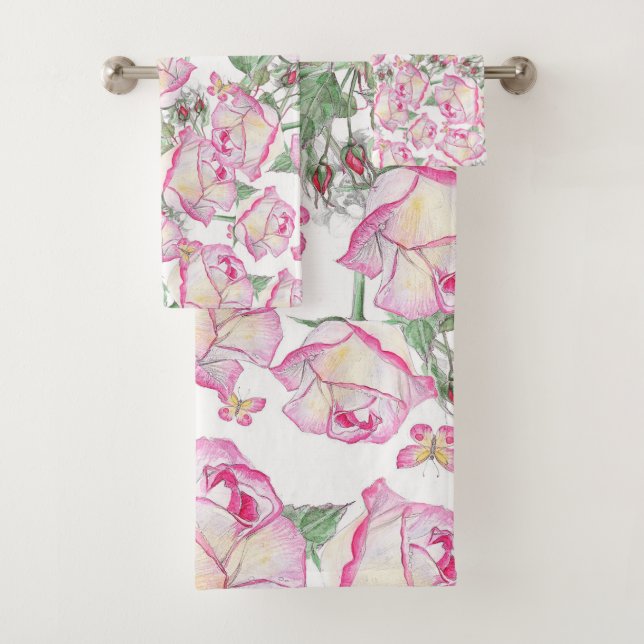 Romantic white pink yellow summer rose floral bath towel set (Insitu)