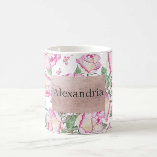 Romantic white pink yellow summer rose floral coffee mug (Center)
