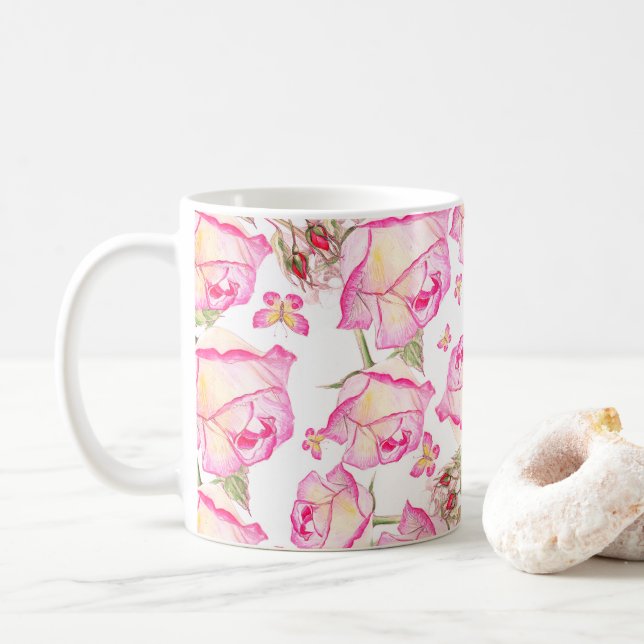 Romantic white pink yellow summer rose floral coffee mug (With Donut)