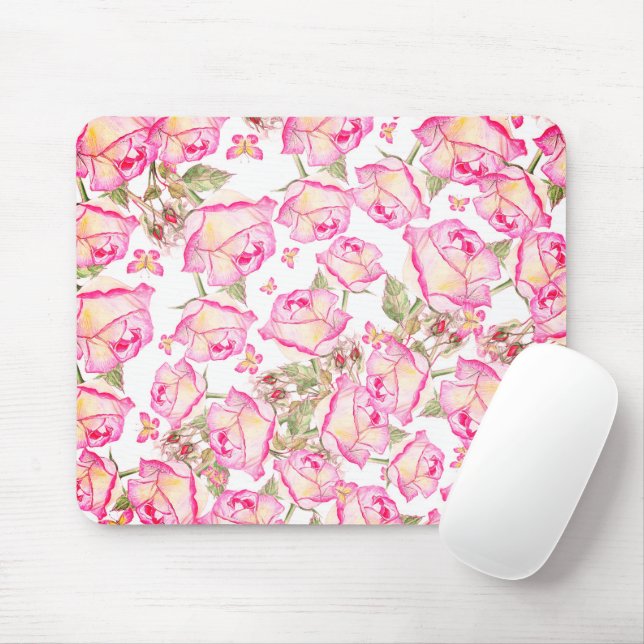 Romantic white pink yellow summer rose floral mouse mat (With Mouse)