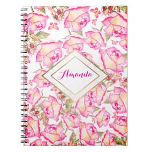 Romantic white pink yellow summer rose floral notebook