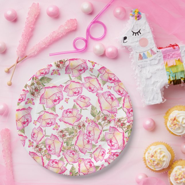 Romantic white pink yellow summer rose floral paper plate (Party)