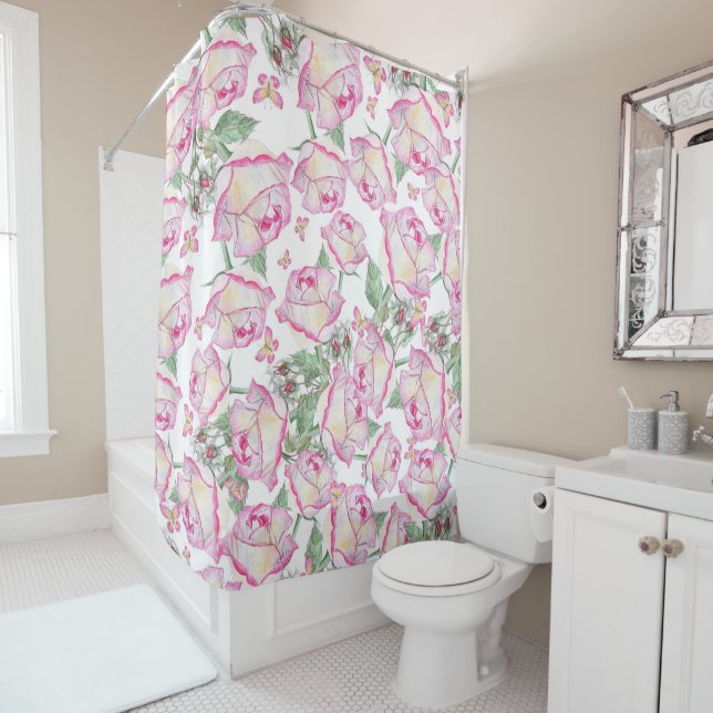 Romantic white pink yellow summer rose floral shower curtain (In Situ)