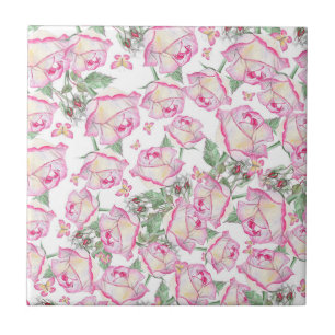 Romantic white pink yellow summer rose floral tile