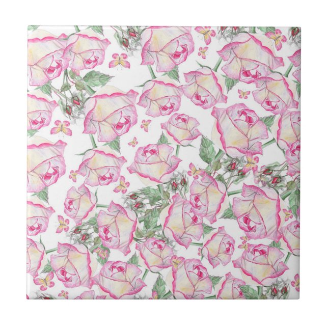 Romantic white pink yellow summer rose floral tile (Front)