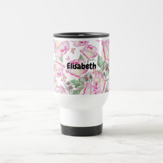 Romantic white pink yellow summer rose floral travel mug