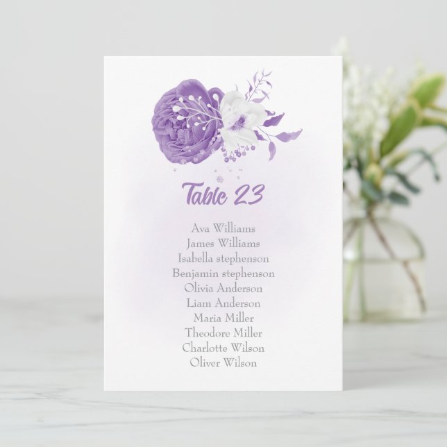 romantic white purple botanical seating chart card (Standing Front)