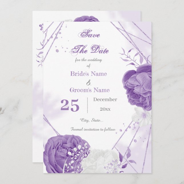romantic white purple floral geometric save the date (Front/Back)