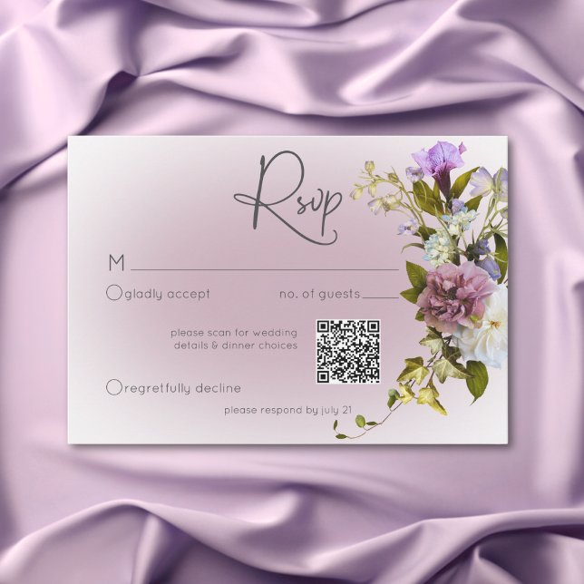 Romantic White & Purple Floral Modern Wedding QR RSVP Card (Romantic White & Pink Floral Modern Wedding QR RSVP Card)
