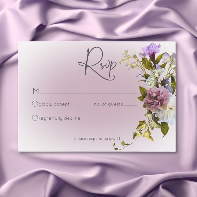 Romantic White & Purple Floral Modern Wedding RSVP Card (Romantic White & Purple Floral Modern Wedding RSVP Card)