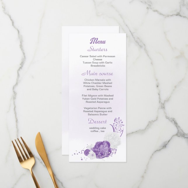 romantic & white purple floral wedding menu (Front/Back In Situ)