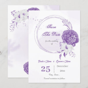 romantic white purple floral wreath save the date