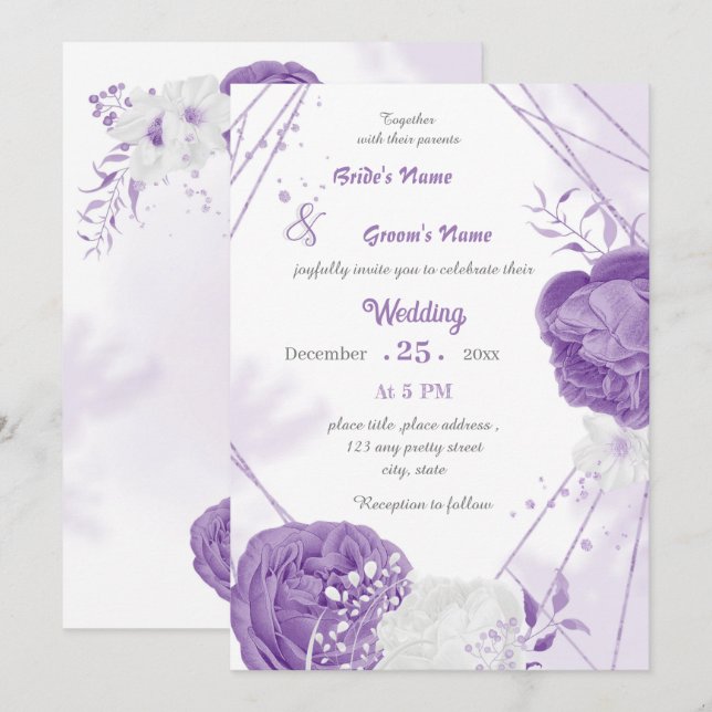romantic white & purple flowers geometric wedding invitation (Front/Back)