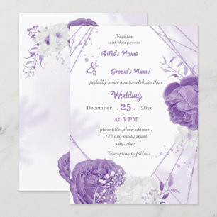 romantic white & purple flowers geometric wedding invitation