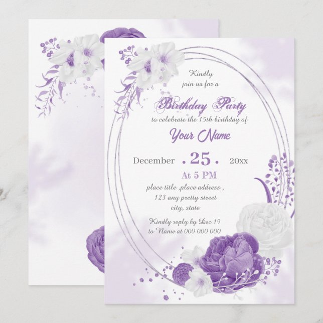 romantic white purple geometric birthday party  invitation (Front/Back)