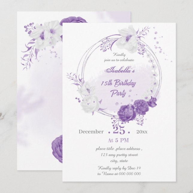 romantic white purple geometric birthday party invitation (Front/Back)
