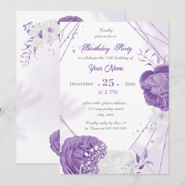 romantic white purple geometric birthday party invitation (Front/Back)